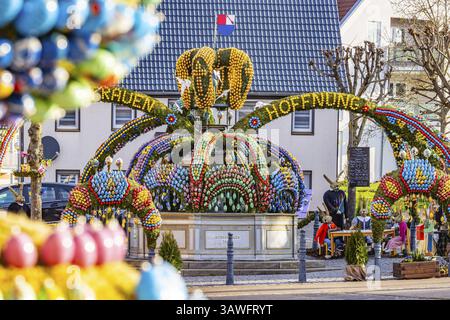 The Easter fountain in Schechingen has around 13, 000 hand-painted eggs. This makes it one of the largest and most beautiful in the whole of East Wuer Stock Photo