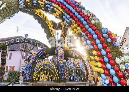 The Easter fountain in Schechingen has around 13, 000 hand-painted eggs. This makes it one of the largest and most beautiful in the whole of East Wuer Stock Photo