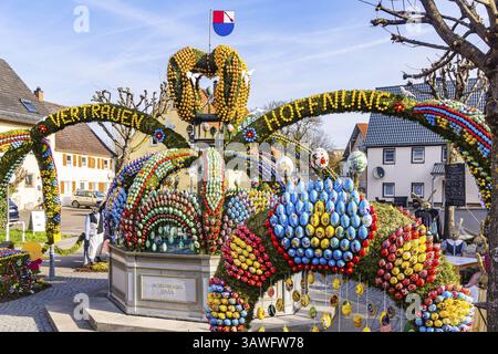 The Easter fountain in Schechingen has around 13, 000 hand-painted eggs. This makes it one of the largest and most beautiful in the whole of East Wuer Stock Photo
