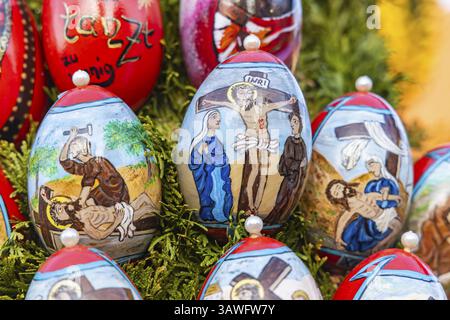 The Easter fountain in Schechingen has around 13, 000 hand-painted eggs. This makes it one of the largest and most beautiful in the whole of East Wuer Stock Photo