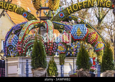 The Easter fountain in Schechingen has around 13, 000 hand-painted eggs. This makes it one of the largest and most beautiful in the whole of East Wuer Stock Photo