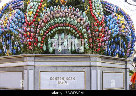 The Easter fountain in Schechingen has around 13, 000 hand-painted eggs. This makes it one of the largest and most beautiful in the whole of East Wuer Stock Photo