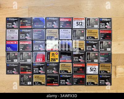 Old storage medium CompactFlash memory cards, were mostly used for digital cameras, low storage volume, slow read and write speed, models from differe Stock Photo