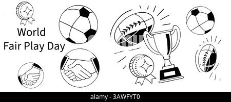 World Fair Play Day Celebration with Sports Icons and Trophy. Stock Vector