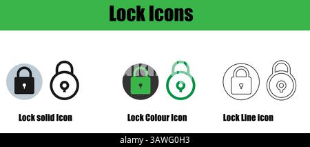 Set of Lock Icons in Solid, Line, and Color Styles for Design Use. Stock Vector