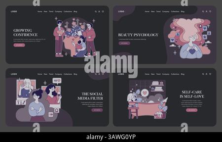 Beauty psychology explores the impact of self-image and self-esteem on mental wellness. It highlights the importance of self-love, confidence, and the influence of social media. Ideal for wellness contexts. Vector illustration. Stock Vector