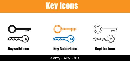 Set of Key Icon Variations with Solid and Line Designs. Stock Vector