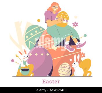 Easter concept. Cheerful woman painting Easter eggs surrounded by whimsical rabbits, decorated eggs, and spring flowers, preparing for traditional holiday celebration. Vector illustration Stock Vector