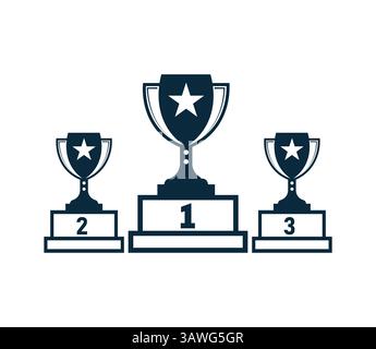 Champion Podium with First, Second, and Third Place Trophies and Stars Stock Vector