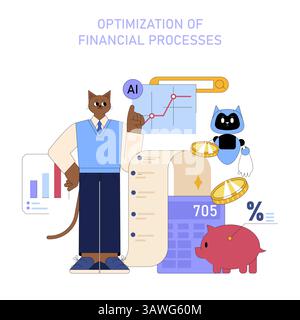 AI enhances financial processes through automation and data analysis. This illustration highlights the integration of technology in finance, showcasing AI-driven optimization and efficiency. Vector illustration. Stock Vector