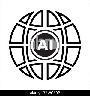 Artificial Intelligence Global Network Icon – Globe Grid Symbol with AI Text Stock Vector