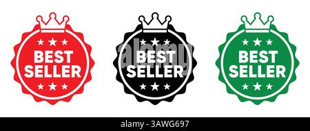 Best Seller Badge Icons with Crown and Stars in Red, Black, and Green Stock Vector
