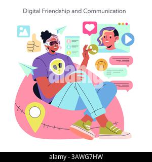 Beta Generation illustration. Explores the dynamics of digital friendships and online communication. Engaging interactions through technology showcase social connectivity in contemporary life. Vector illustration. Stock Vector