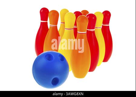 Colourful bowling ball and pins isolated over white background Stock Photo