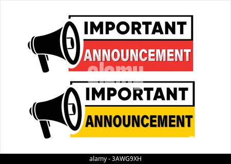 Important Announcement Banner with Megaphone Icon in Red and Yellow Variants Stock Vector