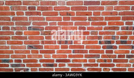 A close-up of a brick wall made of red and brown bricks with a bunch of different shades. The bricks are laid out in a neat. The bricks have a rough Stock Photo