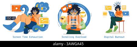 Brain Rot concept. This illustration highlights the effects of excessive screen time and digital fatigue. It features scenarios showcasing exhaustion, overload, and burnout linked to digital usage. Vector illustration. Stock Vector