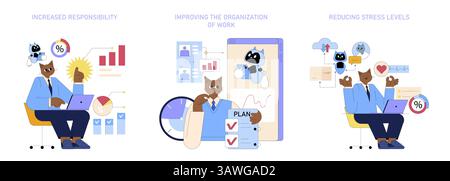 Vector illustration of an anthropomorphic cat using AI technology for business efficiency, focusing on responsibility, organization, and stress-reduction. Stock Vector
