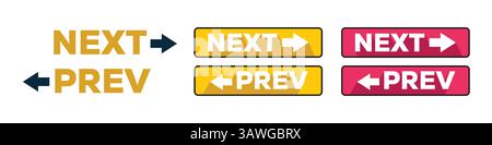 Next and Previous Navigation Buttons in Multiple Styles Stock Vector