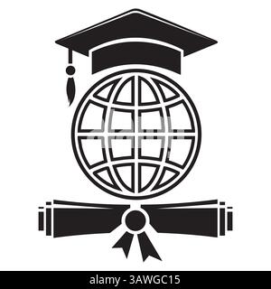 Global Education Icon with Graduation Cap and Diploma Scroll Stock Vector