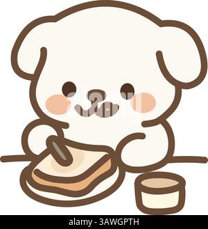 Cute white puppy spreading something on toast at a table Stock Vector