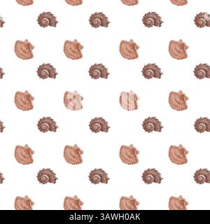 Scallop, beige shells from the ocean floor. Seamless pattern. Watercolor illustration. Fan-shaped shells of light brown shades, isolated on a white ba Stock Photo
