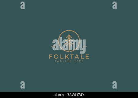 Folk Pine Tree Retro Minimalist Logo Badge Concept Sign Symbol Stock Vector