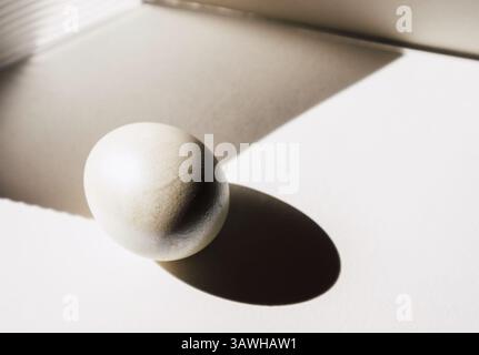 A pearl white egg casts a strong shadow on a white surface, dramatic light and shadows playing. The minimalist style highlights object. Easter symbol. Stock Photo