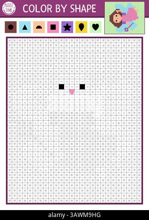 Vector fairyland color by shape activity with square pixel grid. Magic forest black and white counting or coloring game. Simple coloring page for kids Stock Vector
