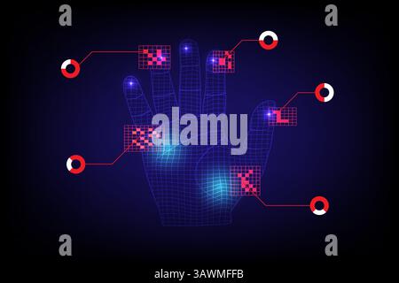Hand Hi-Tech scan Nets over and deep the bright light with blue gradient background, digital technology concept, vector Illustration Stock Vector