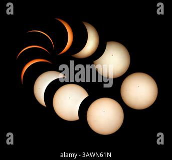 Partial solar eclipse sequence as viewed on April 8, 2024 at Willard in southwest Missouri. Composite image is arranged in clockwise elliptical shape. Stock Photo