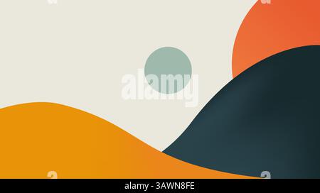 minimal landscape with orange and green waves and sun. Stock Vector