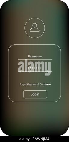 A minimalist login screen design optimized for mobile devices with dark gradient background. The interface includes simple outlined icons Stock Vector