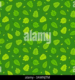 Green leaves seamless pattern in simple cartoon style. Vector clipart illustration. Stock Vector