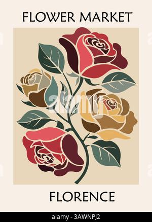 Flower Market Florence retro poster with roses Stock Vector