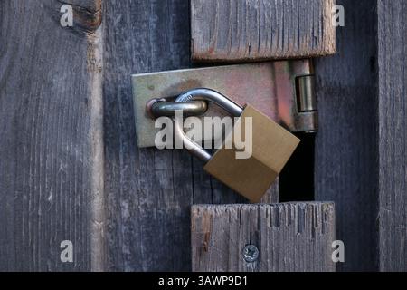 A gold padlock is hanging from a wooden door Stock Photo