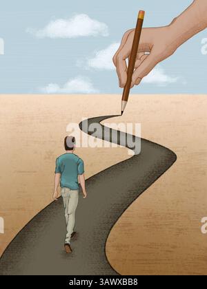 Man walking over a path drawn with a pencil. Digital illustration, my own artwork. Stock Photo