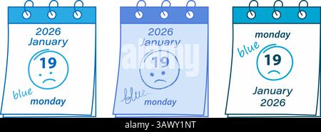2026 January 19 Spring bound Calendar pages with Hand drawn text and sad smile Greeting Design Set. Isolated Vector illustration Motivation Thematic Cards or web promo banner, leaflet, poster, posting Stock Vector