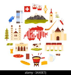 Castle towers and train on bridge, chocolate and Swiss penknife, culture emblems and architecture, Alps mountains in circle cartoon vector illustration. Travel to Switzerland in round banner design Stock Vector
