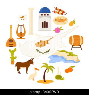 Map and flag of island country Souvla and grilled fish, grape wine barrel in circle cartoon vector illustration. Travel to Cyprus set, culture elements and landmarks, food in round infographic banner. Stock Vector