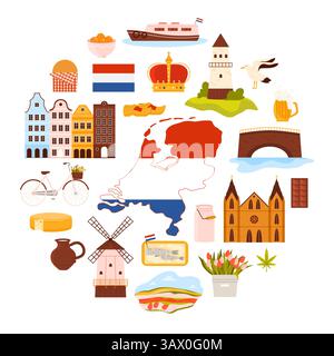 Tulips and bike, wind mill and cheese, clogs in circle cartoon vector illustration. Holland culture elements and landmarks of Amsterdam, flag and map of Netherlands in round infographic banner Stock Vector