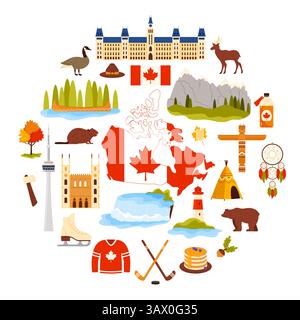Canada text and culture stickers, elements of landscape and city buildings, animals and Canadian destination, Indian symbols in circle cartoon vector illustration. Travel to Canada round banner design Stock Vector