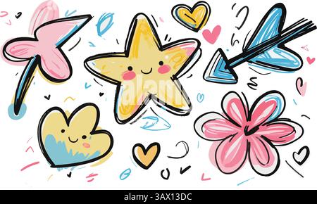 Cute line sketch star, arrow, heart decoration element icon set. Hand drawn sketch doodle cute star, emphasis, flower element. Pen line text decoratio Stock Vector