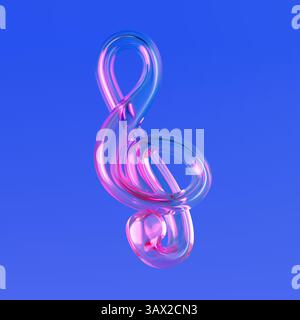 Transparent Glass Treble Clef Icon with Iridescent Highlights on a blue background. 3d Rendering Stock Photo