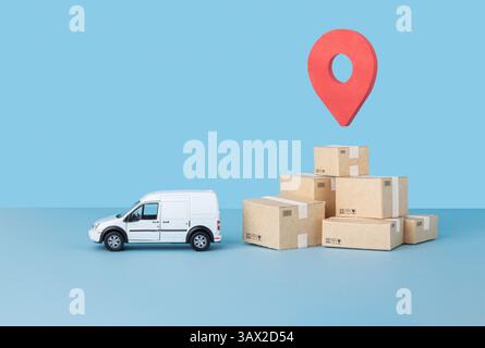 White delivery van with cardboard boxes and red pin icon on blue background Stock Photo
