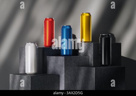 Colorful Glossy Aluminum Drink Cans Mockups with Condensation, Placed on Dark Geometric Podiums extreme closeup. 3d Rendering Stock Photo