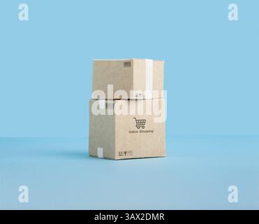 Two stacked cardboard boxes depicting online shopping delivery on a blue minimalist background Stock Photo