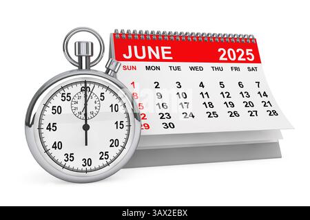 2025 Year June Calendar with Stopwatch on a white background. 3d rendering Stock Photo