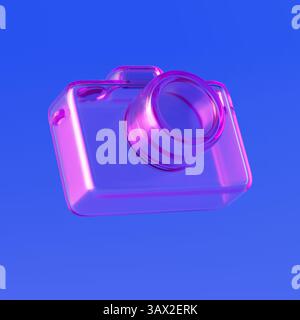 Transparent Glass Digital Photo Camera Icon with Iridescent Highlights on a blue background. 3d Rendering Stock Photo