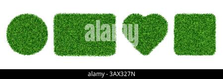 Grass turf set. Green circle, square, rectangle, and heart forms. Eco design templates. Astroturf nature shapes. Fake green carpet. Fresh lawn concept Stock Vector